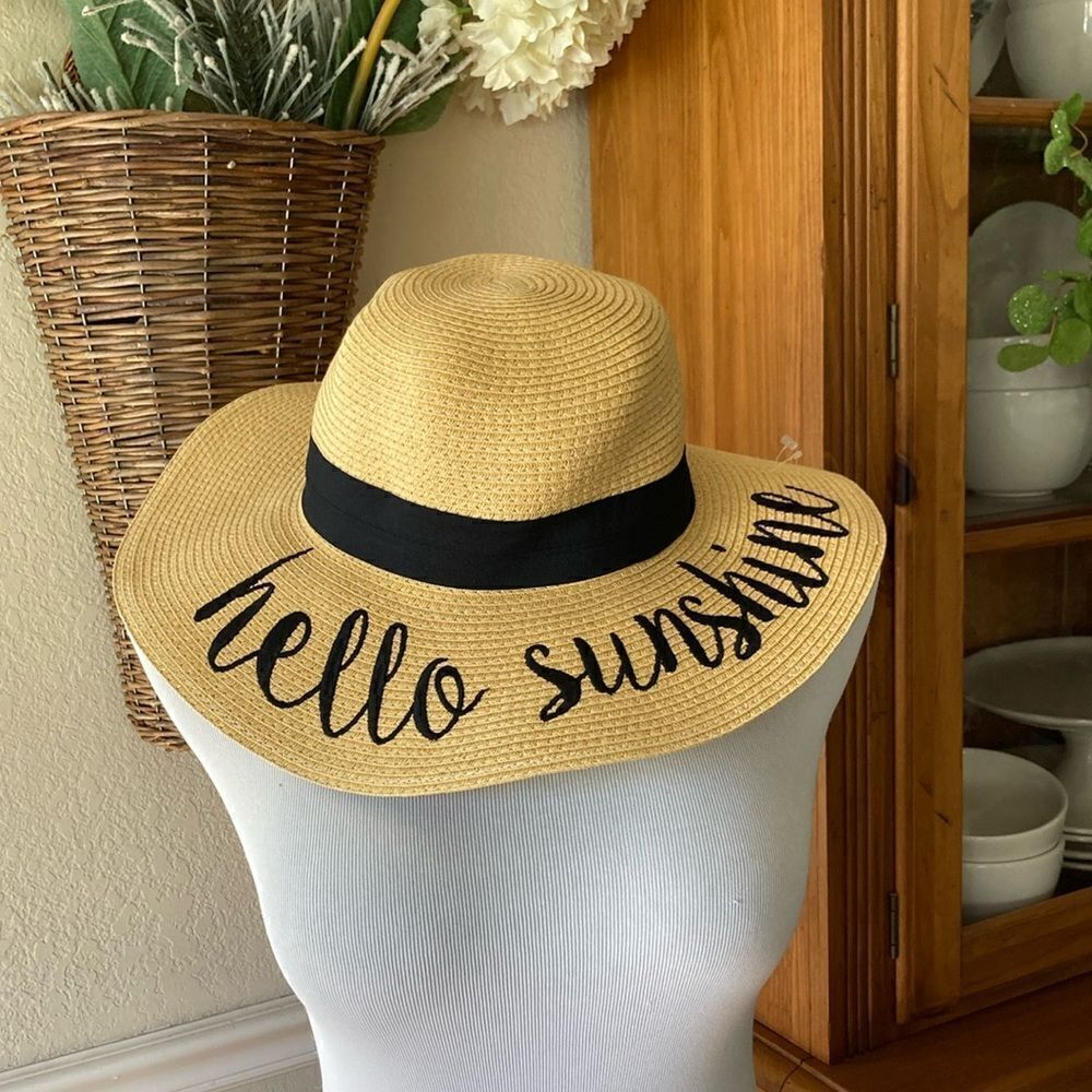 New C C Creation Floppy Paper Straw Hat Embroidered Hello Sunshine